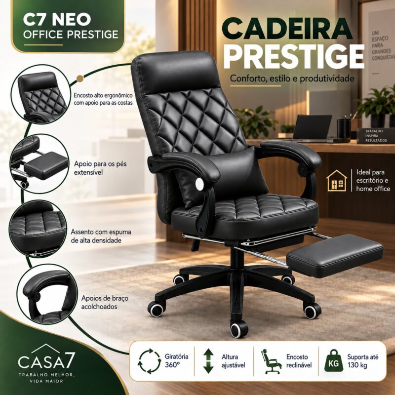 Cadeira Escritório C7 Neo Prestige preta, apoio para os pés extensível e giro 360°