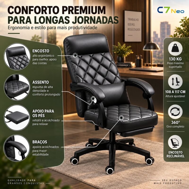 Cadeira Escritório C7 Neo Prestige preta, conforto para longas jornadas, até 130 kg