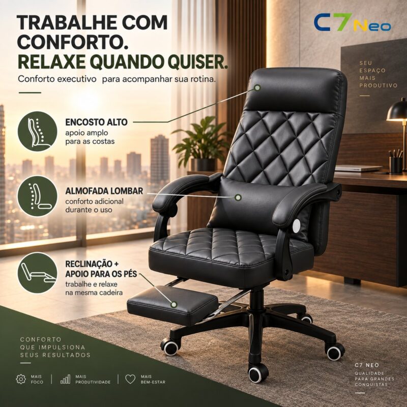 Cadeira Escritório C7 Neo Prestige preta, encosto alto, almofada lombar e reclinação