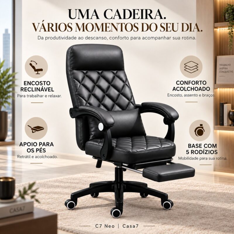 Cadeira Escritório C7 Neo Prestige preta, encosto reclinável e apoio para os pés