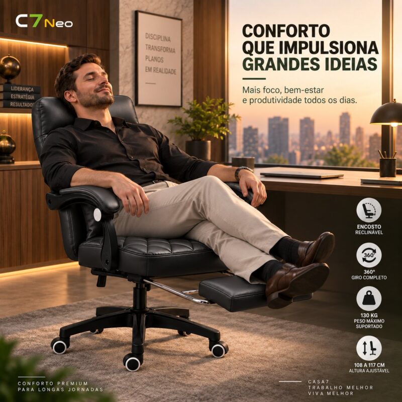 Cadeira Escritório C7 Neo Prestige preta, em uso no escritório