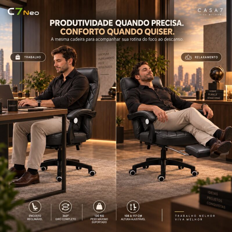 Cadeira Escritório C7 Neo Prestige preta, para trabalhar e relaxar